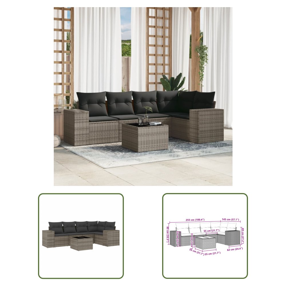 The Living Store 6-cz. zestaw mebli ogrodowych z poduszkami - szary - polirattan - Sofa Ogrodowa