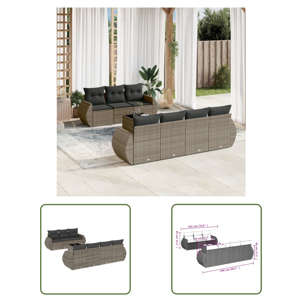 The Living Store 8-cz. zestaw mebli ogrodowych z poduszkami - szary - polirattan - Sofa Ogrodowa