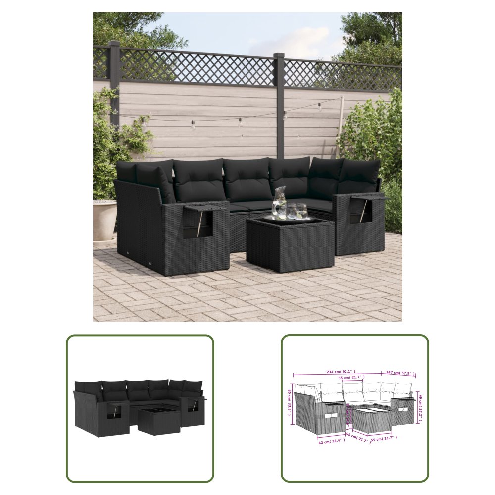The Living Store 7-cz. zestaw wypoczynkowy do ogrodu - z poduszkami - czarny - Sofa Ogrodowa
