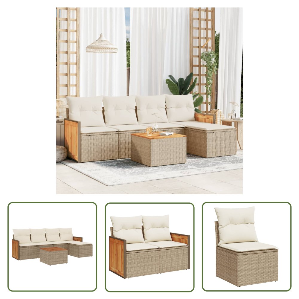 The Living Store 6-cz. zestaw mebli ogrodowych z poduszkami - beżowy - polirattan - Sofa Ogrodowa
