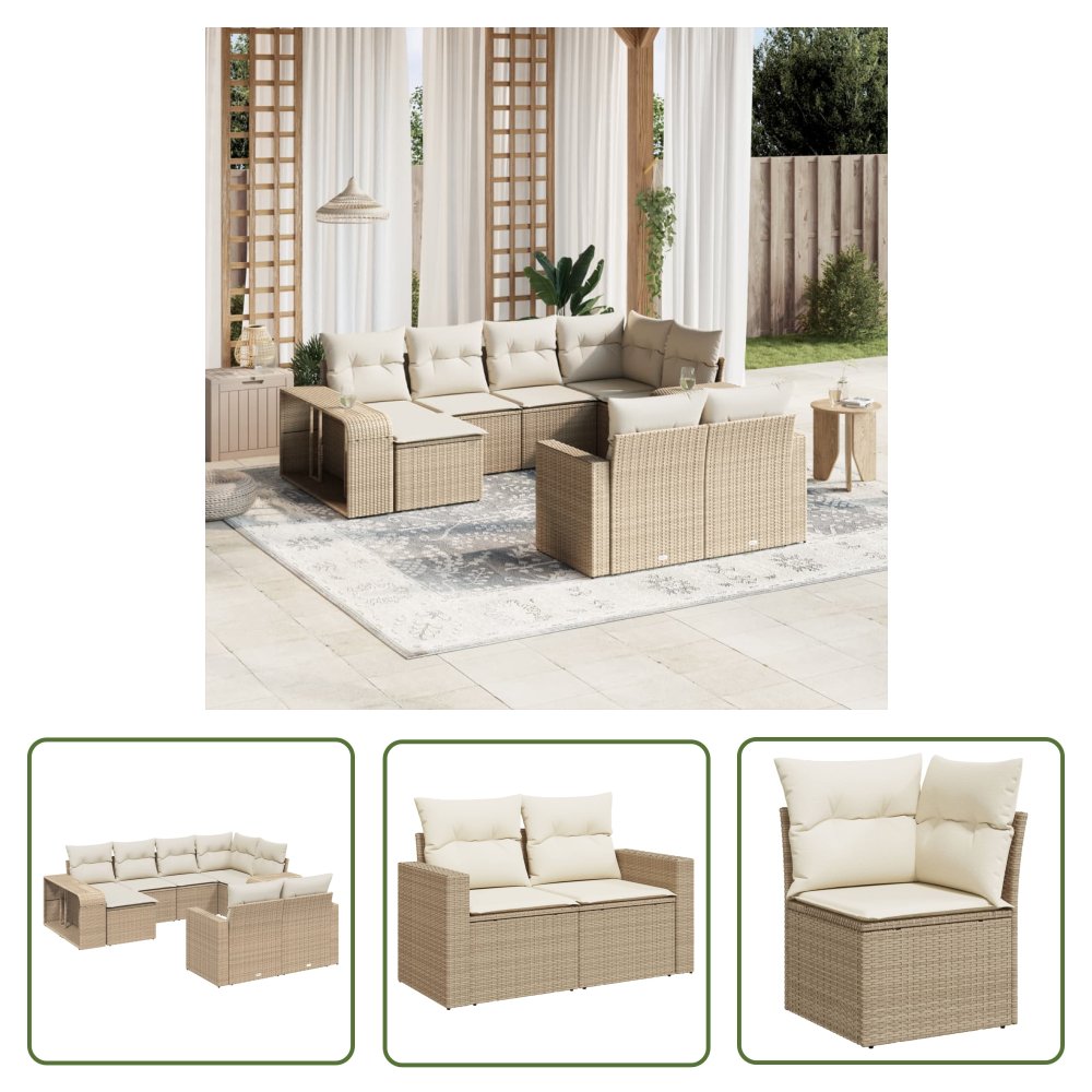 The Living Store 10-cz. zestaw mebli ogrodowych z poduszkami - beżowy - polirattan - Sofa Ogrodowa