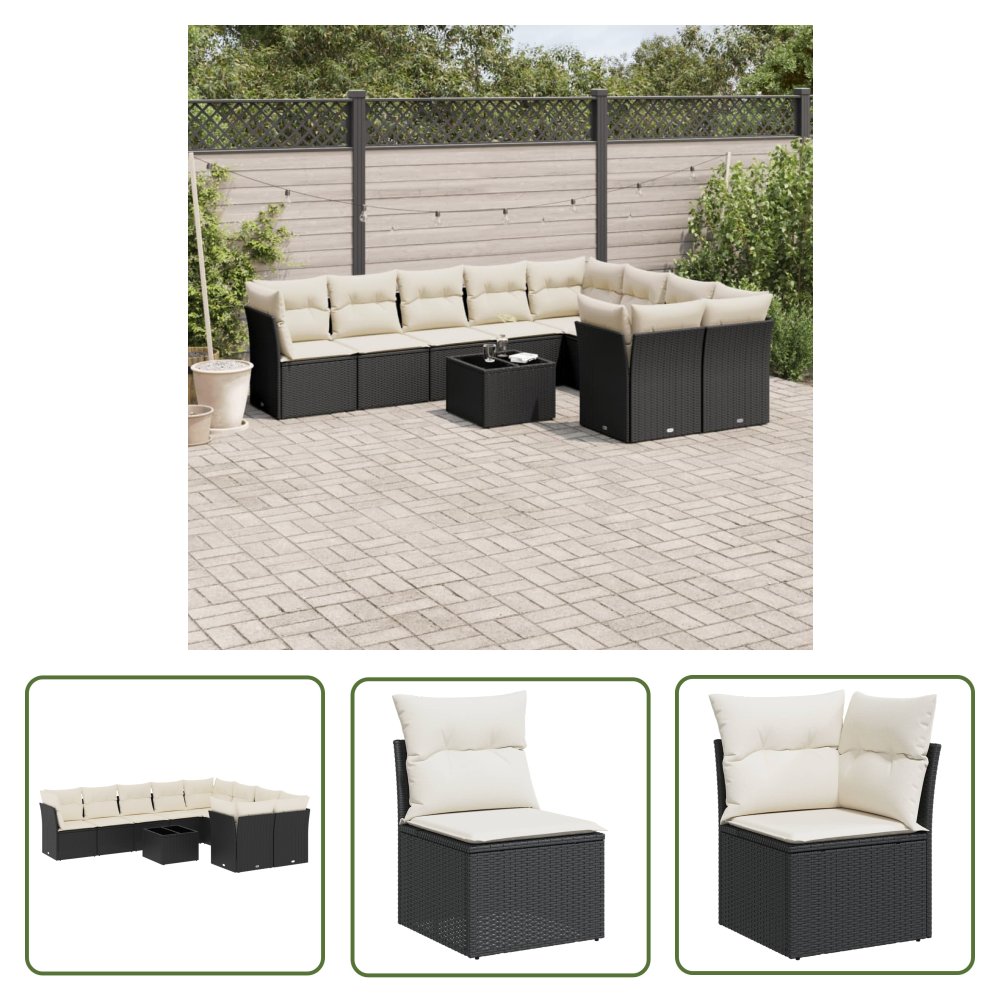 The Living Store 10-cz. zestaw wypoczynkowy do ogrodu - poduszki czarny rattan PE - Sofa Ogrodowa