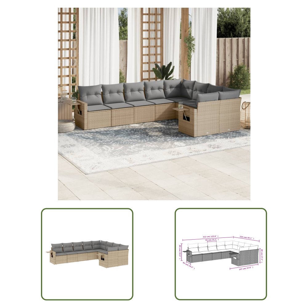 The Living Store 9-cz. zestaw mebli ogrodowych z poduszkami - beżowy - polirattan - Sofa Ogrodowa