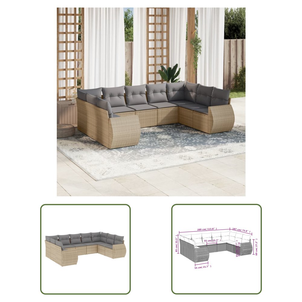 The Living Store 9-cz. zestaw mebli ogrodowych z poduszkami - beżowy - polirattan - Sofa Ogrodowa