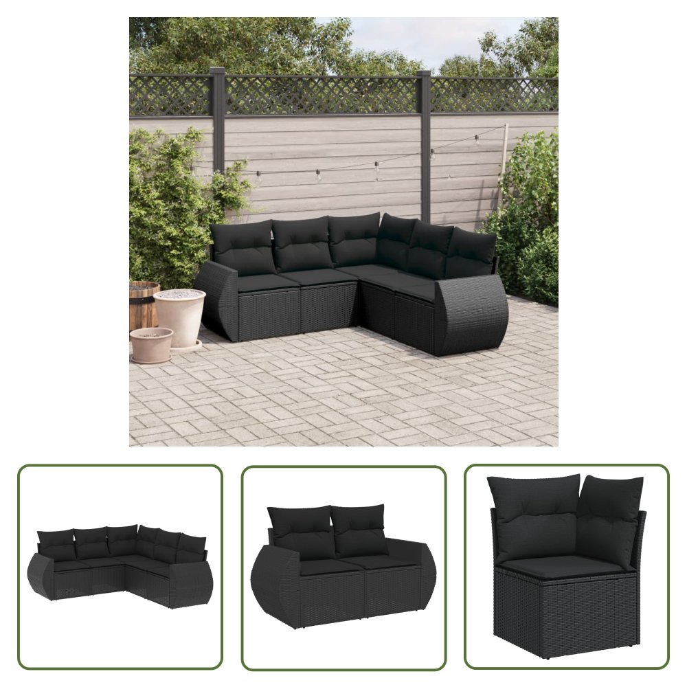 The Living Store 5-cz. zestaw wypoczynkowy do ogrodu - poduszki - czarny rattan PE - Sofa Ogrodowa