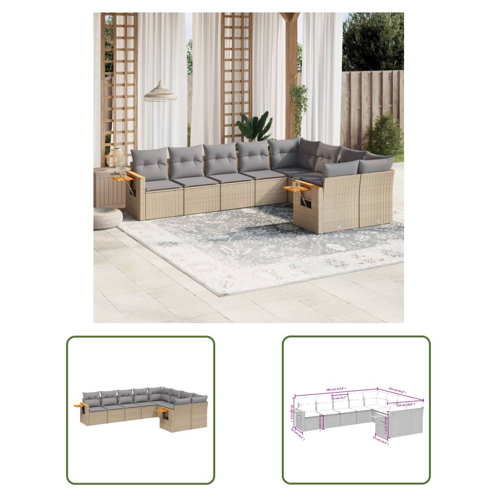 The Living Store 9-cz. zestaw mebli ogrodowych z poduszkami - beżowy - polirattan - Sofa Ogrodowa