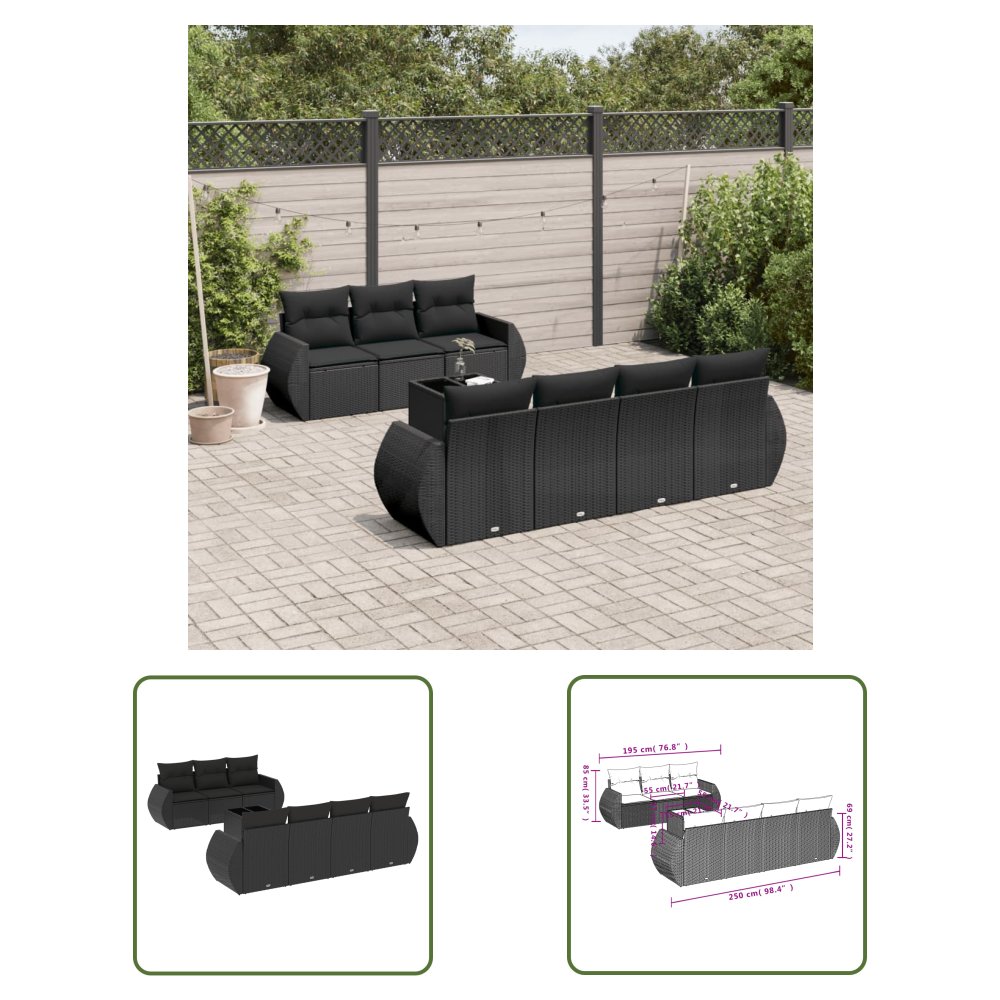 The Living Store 8-cz. zestaw wypoczynkowy do ogrodu - z poduszkami - czarny - Sofa Ogrodowa