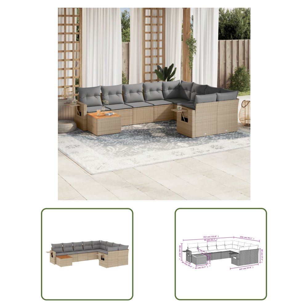 The Living Store 10-cz. zestaw mebli ogrodowych z poduszkami - mieszany beż - Sofa Ogrodowa