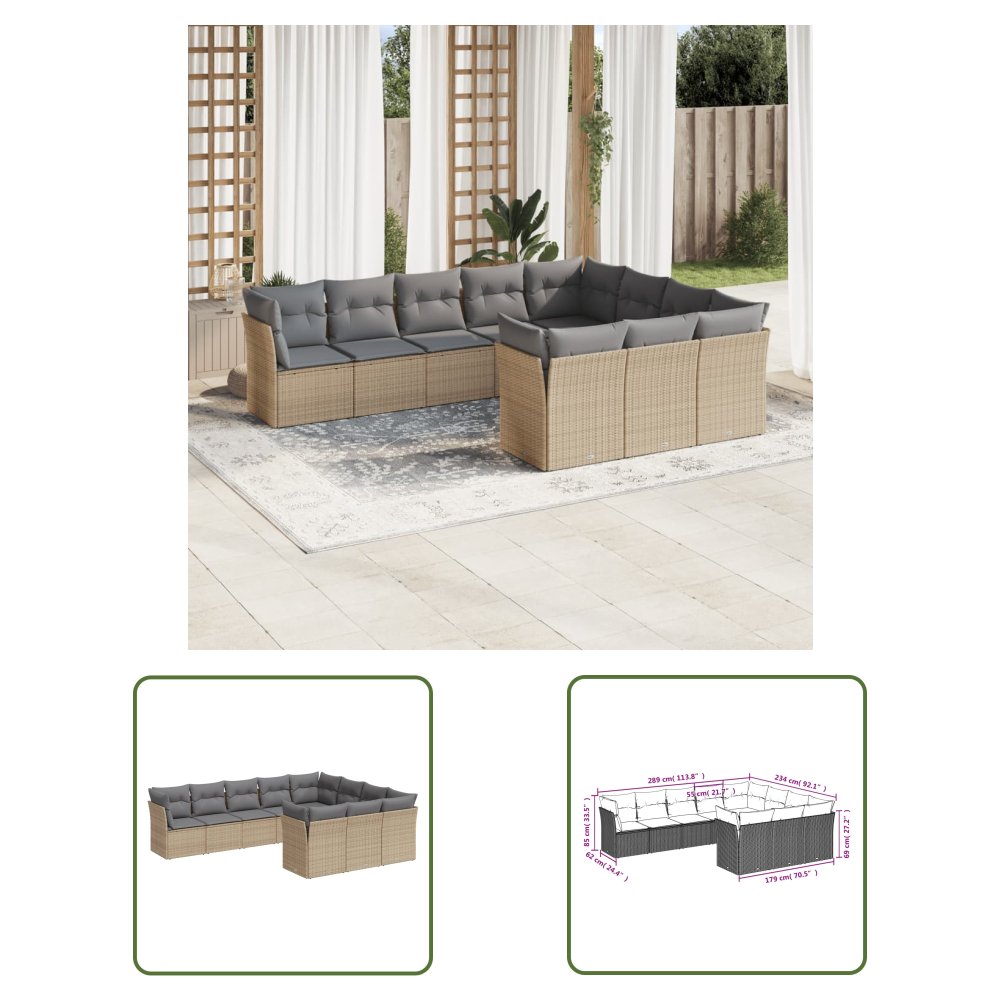 The Living Store 10-cz. zestaw mebli ogrodowych z poduszkami - beżowy - polirattan - Sofa Ogrodowa