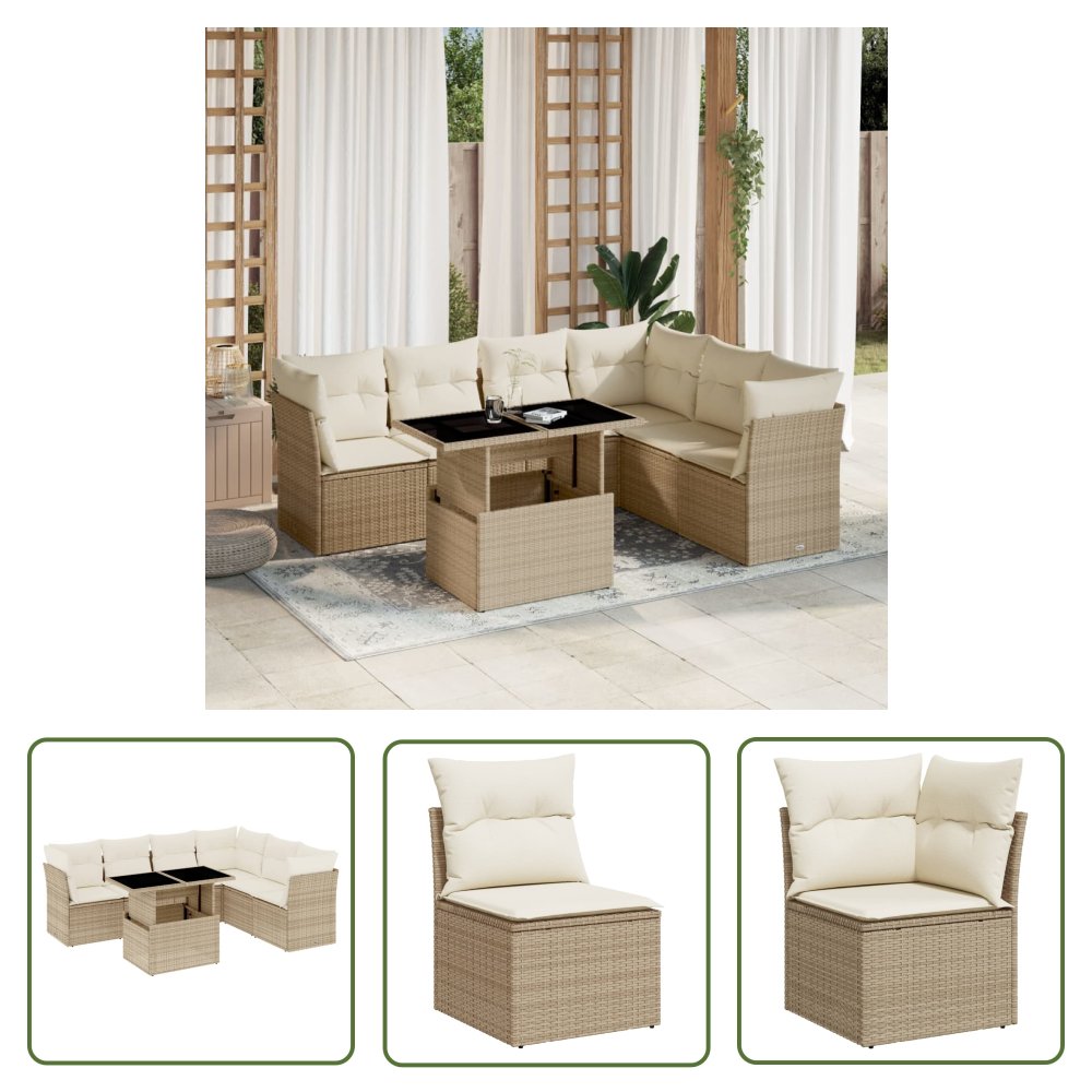 The Living Store 7-cz. zestaw wypoczynkowy do ogrodu - z poduszkami - beżowy - Sofa Ogrodowa
