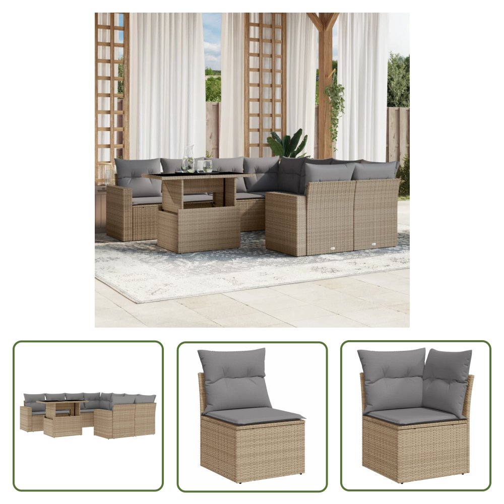 The Living Store 9-cz. zestaw mebli ogrodowych z poduszkami - beżowy - polirattan - Sofa Ogrodowa