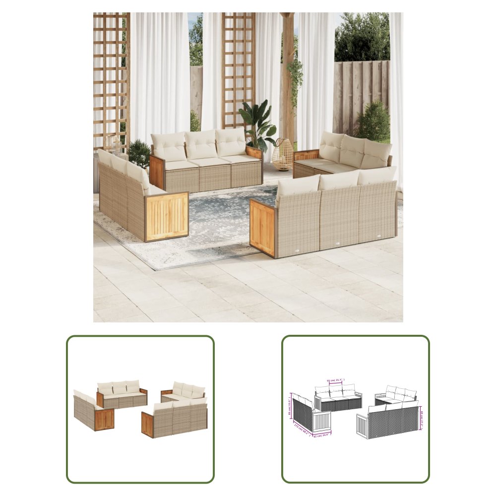 The Living Store 12-cz. zestaw mebli ogrodowych z poduszkami - beżowy - polirattan - Sofa Ogrodowa