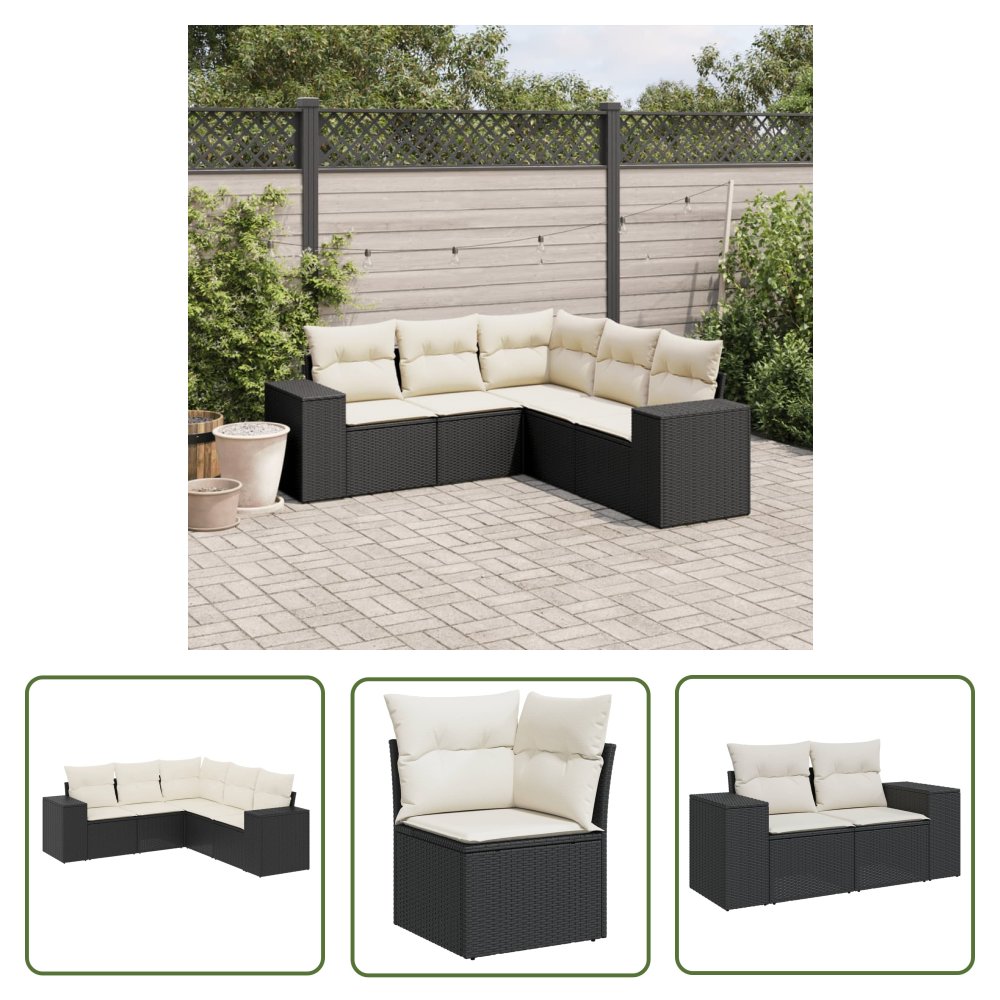 The Living Store 5-cz. zestaw wypoczynkowy do ogrodu - poduszki - czarny rattan PE - Sofa Ogrodowa