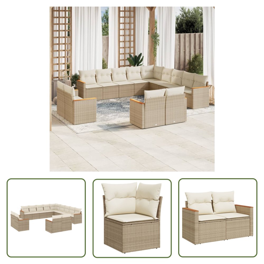 The Living Store 13-cz. zestaw mebli ogrodowych z poduszkami - beżowy - polirattan - Sofa Ogrodowa