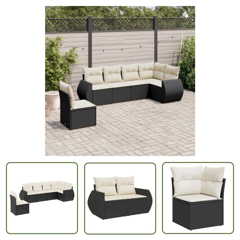 The Living Store 6-cz. zestaw mebli ogrodowych z poduszkami - czarny polirattan - Sofa Ogrodowa