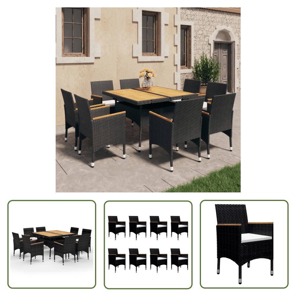 The Living Store 9-cz. zestaw mebli ogrodowych - rattan PE i lite drewno - czarny - Krzesło Ogrodowe