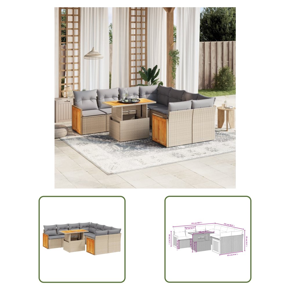 The Living Store 9-cz. zestaw mebli ogrodowych z poduszkami - beżowy - polirattan - Sofa Ogrodowa