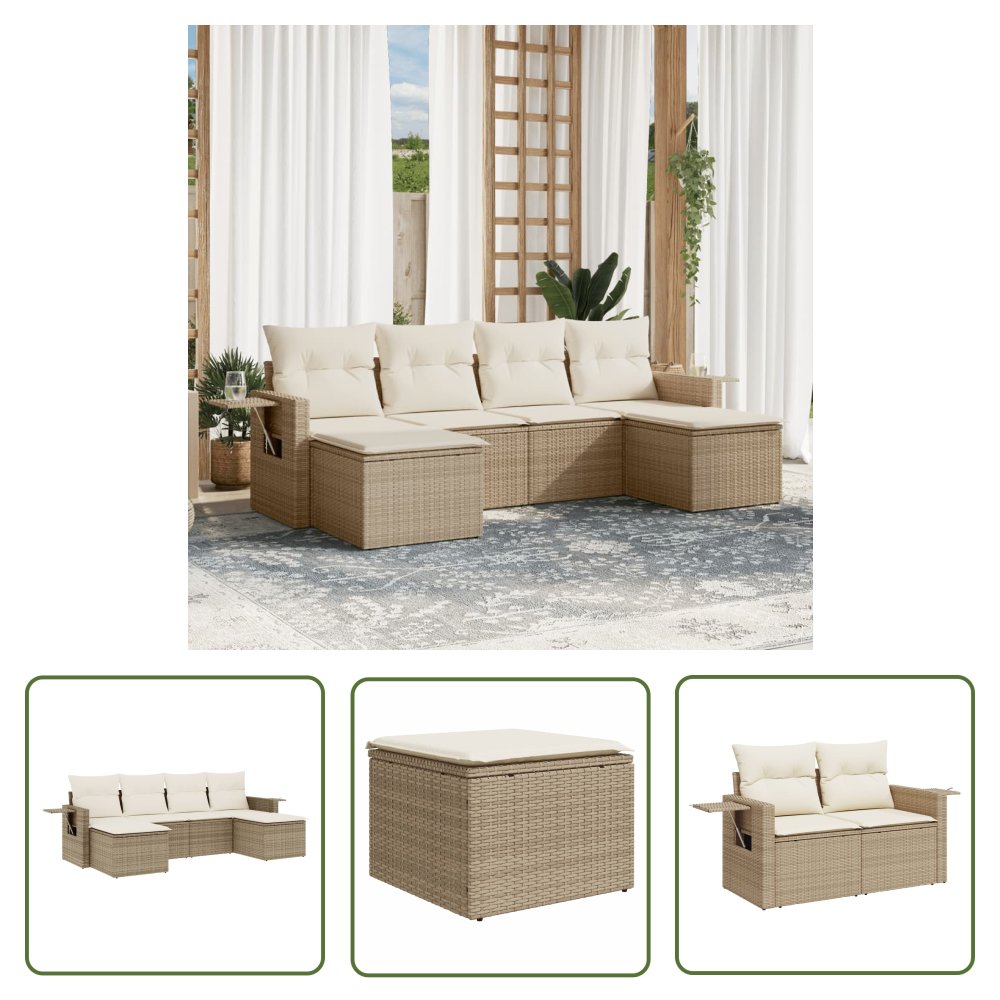 The Living Store 6-cz. zestaw mebli ogrodowych z poduszkami - beżowy - polirattan - Sofa Ogrodowa