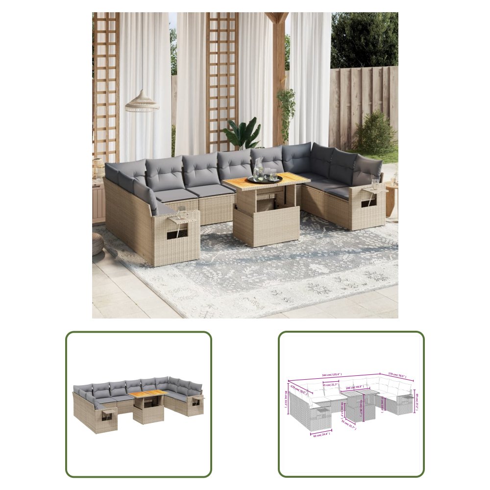 The Living Store 11-cz. zestaw mebli ogrodowych z poduszkami - beżowy - polirattan - Sofa Ogrodowa