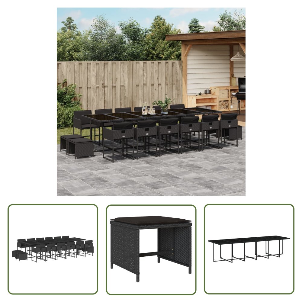 The Living Store 17-cz. zestaw mebli ogrodowych z poduszkami - czarny - rattan PE - Meble Ogrodowe