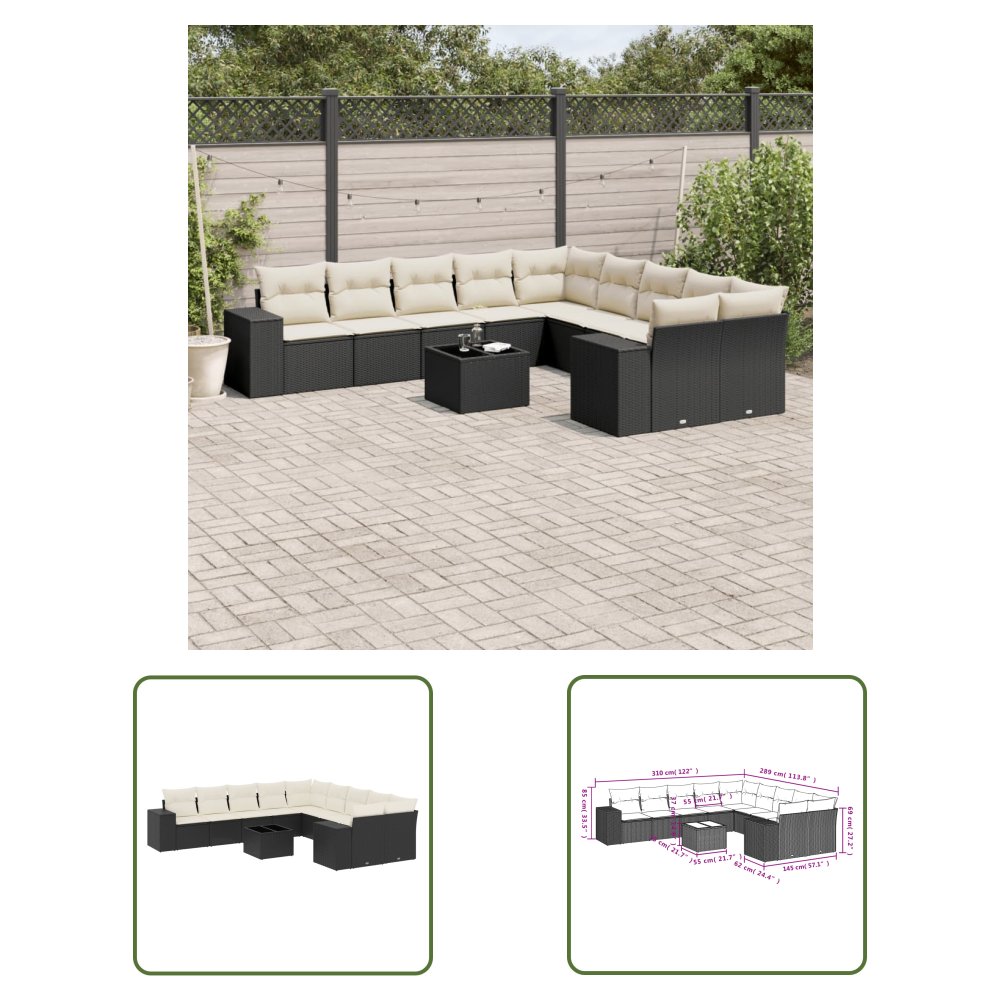 The Living Store 11-cz. zestaw wypoczynkowy do ogrodu - poduszki czarny rattan PE - Sofa Ogrodowa