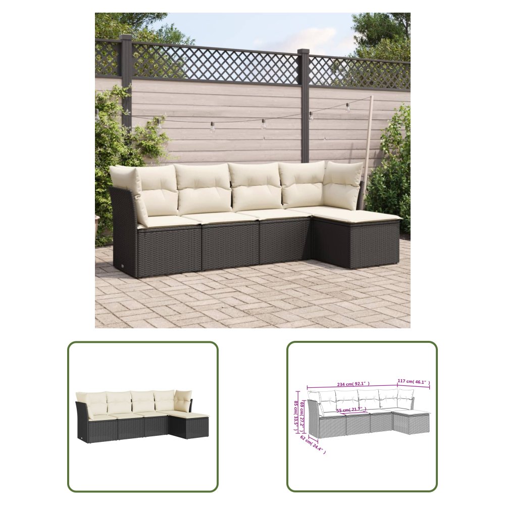 The Living Store 5-cz. zestaw wypoczynkowy do ogrodu - poduszki - czarny rattan PE - Sofa Ogrodowa