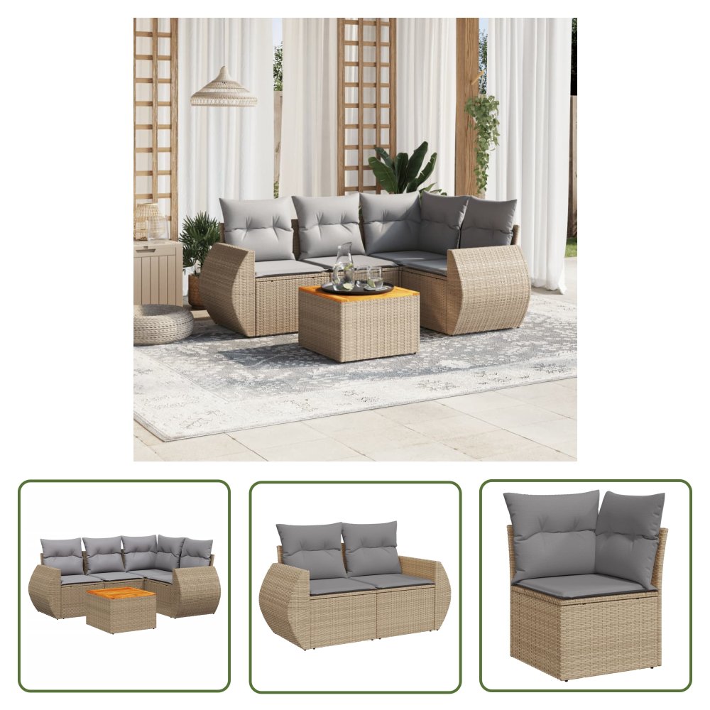 The Living Store 5-cz. zestaw mebli ogrodowych z poduszkami - beżowy - polirattan - Sofa Ogrodowa