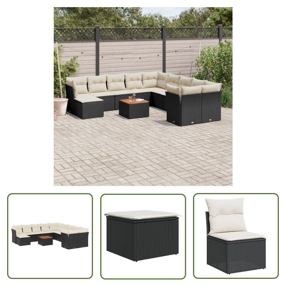 The Living Store 12-cz. zestaw mebli do ogrodu - z poduszkami - czarny - polirattan - Sofa Ogrodowa