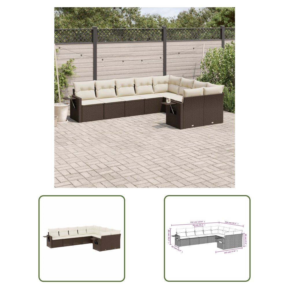 The Living Store 9-cz. zestaw mebli ogrodowych z poduszkami - brązowy - polirattan - Sofa Ogrodowa