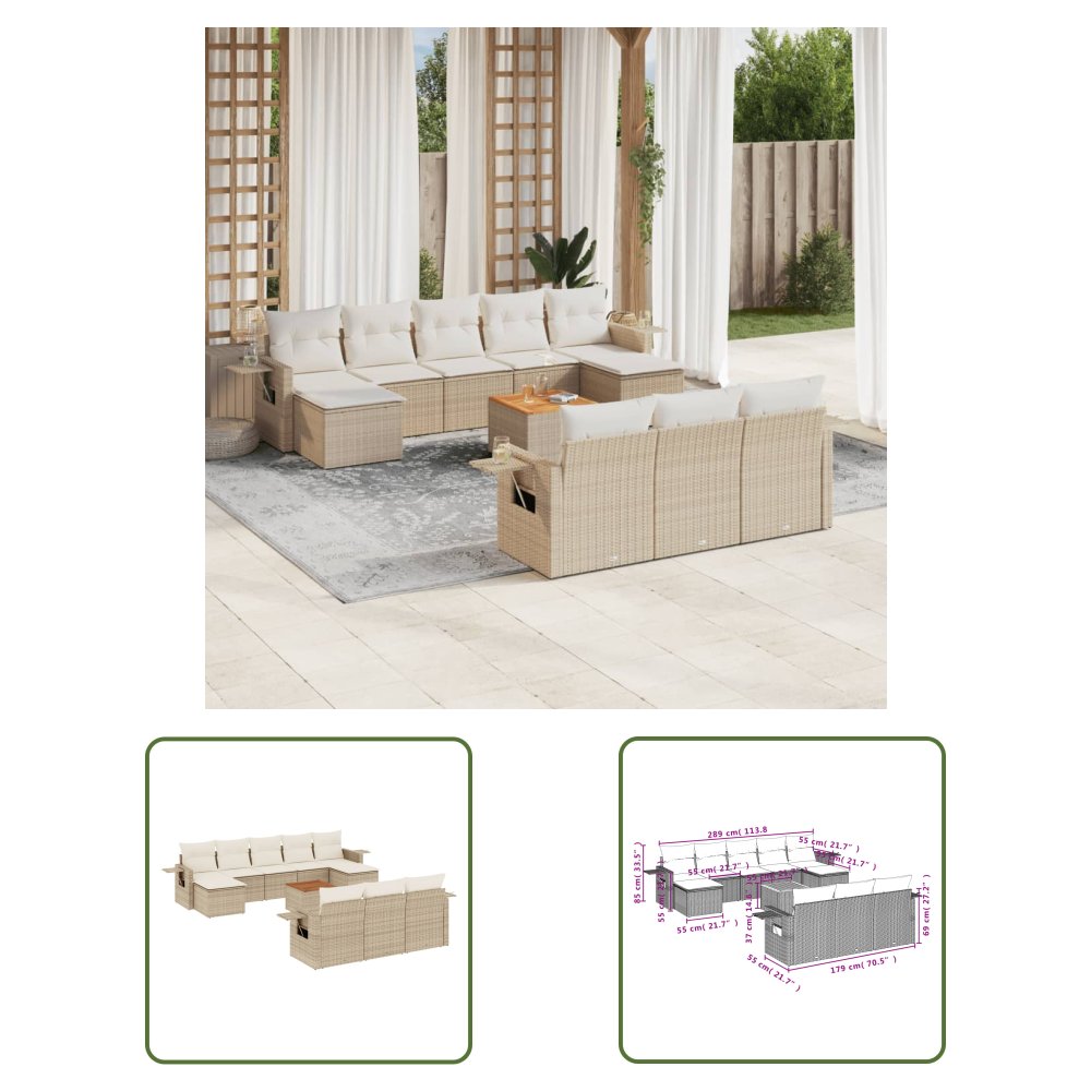 The Living Store 11-cz. zestaw mebli ogrodowych z poduszkami - beżowy - polirattan - Sofa Ogrodowa