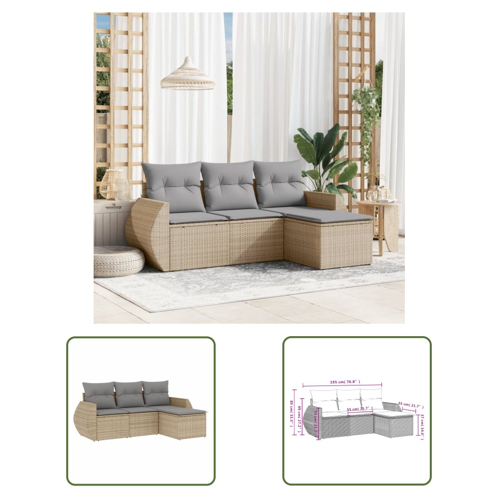 The Living Store 4-cz. zestaw mebli ogrodowych z poduszkami - beżowy - polirattan - Sofa Ogrodowa