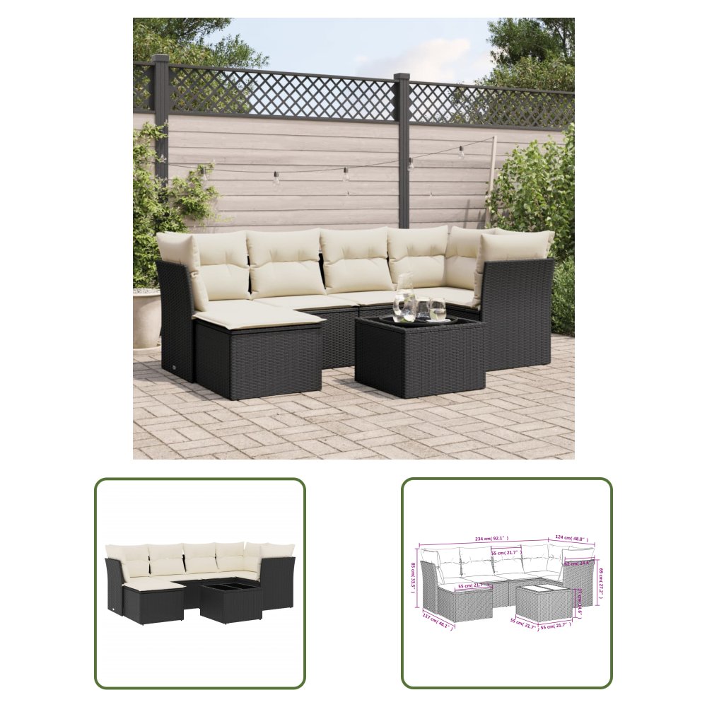 The Living Store 7-cz. zestaw wypoczynkowy do ogrodu - z poduszkami - czarny - Sofa Ogrodowa