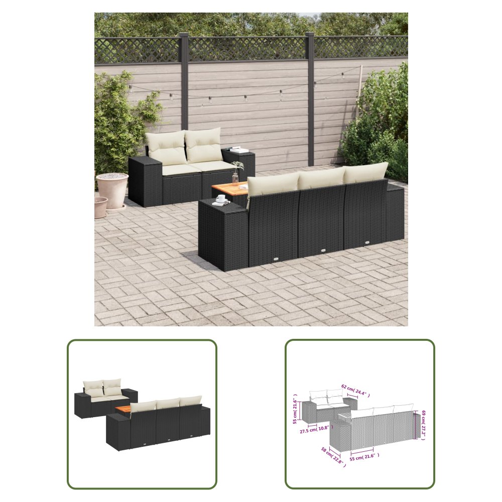 The Living Store 6-cz. zestaw mebli ogrodowych z poduszkami - czarny polirattan - Sofa Ogrodowa