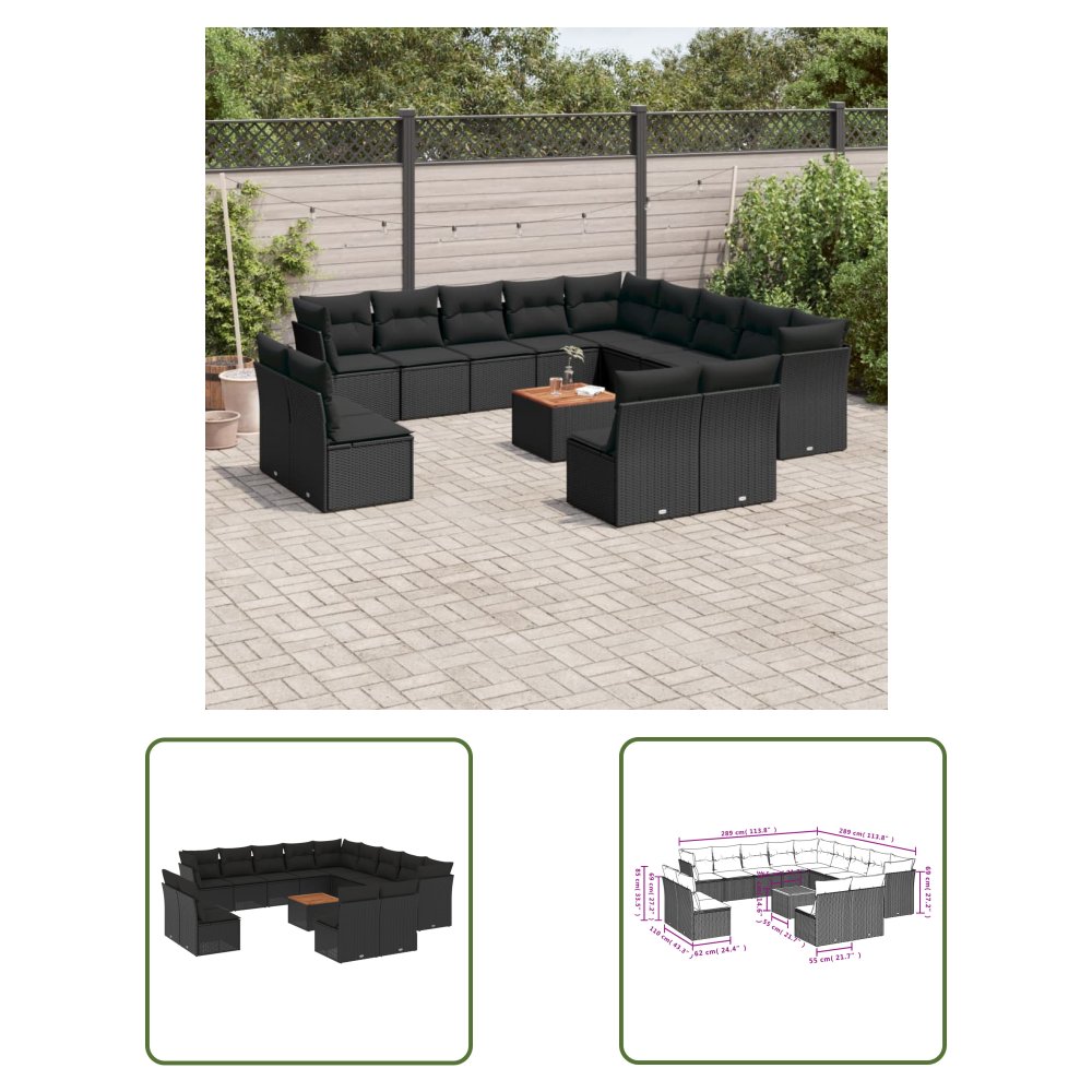 The Living Store 14-cz. zestaw wypoczynkowy do ogrodu - poduszki czarny rattan PE - Sofa Ogrodowa