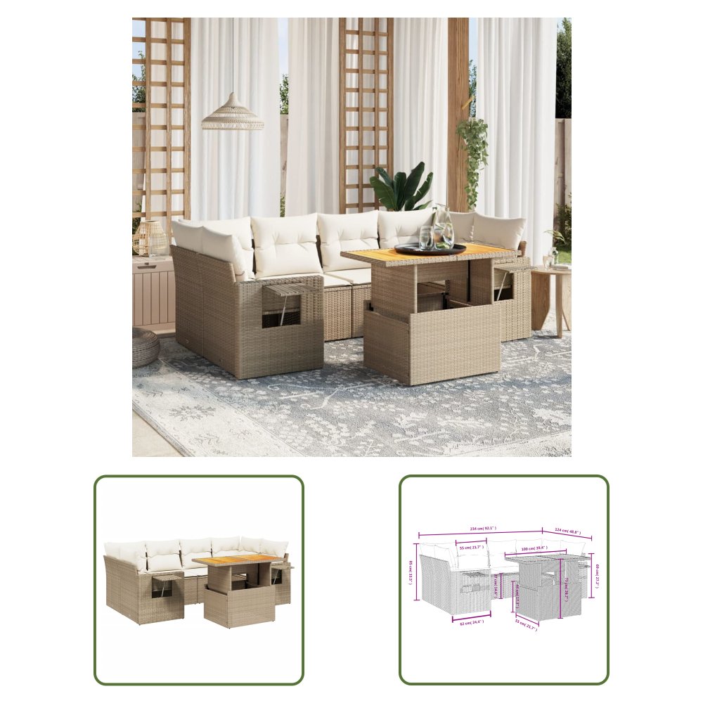The Living Store 7-cz. zestaw wypoczynkowy do ogrodu - z poduszkami - beżowy - Sofa Ogrodowa