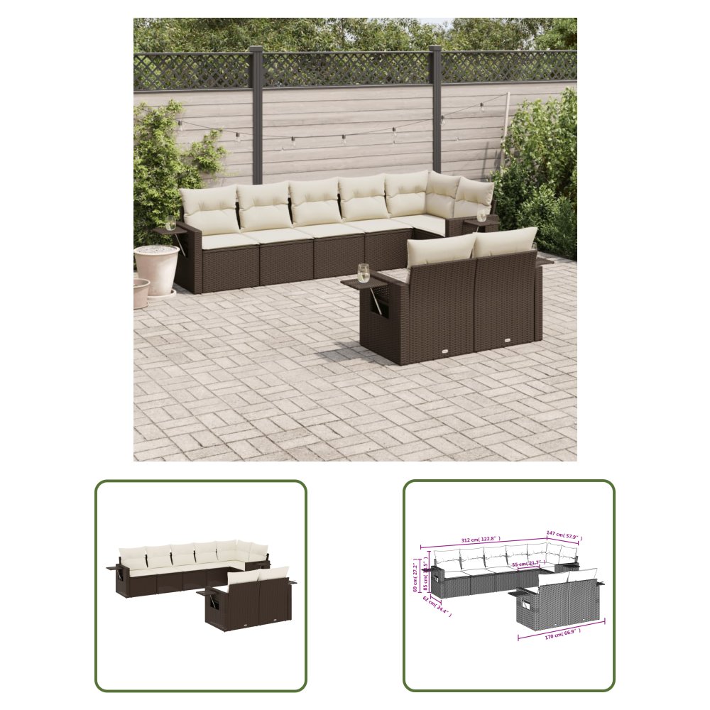 The Living Store 8-cz. zestaw wypoczynkowy do ogrodu - z poduszkami - brązowy - Sofa Ogrodowa