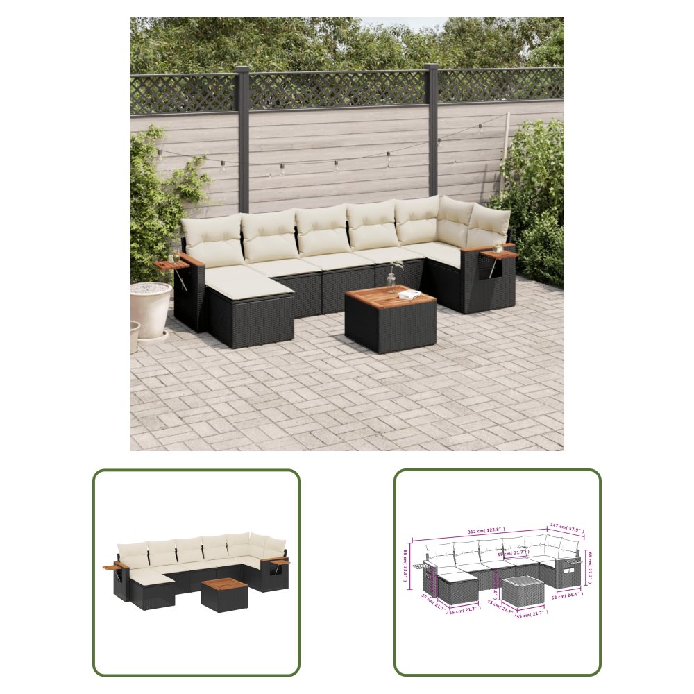 The Living Store 8-cz. zestaw wypoczynkowy do ogrodu - z poduszkami - czarny - Sofa Ogrodowa