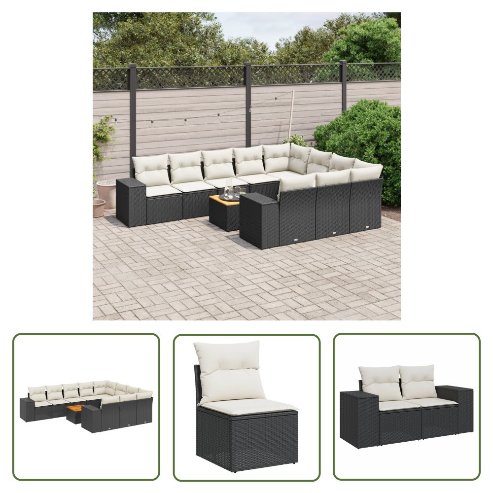 The Living Store 11-cz. zestaw wypoczynkowy do ogrodu - poduszki czarny rattan PE - Sofa Ogrodowa