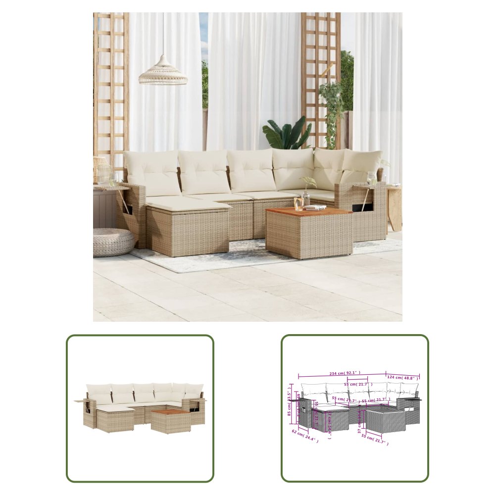 The Living Store 7-cz. zestaw wypoczynkowy do ogrodu - z poduszkami - beżowy - Sofa Ogrodowa