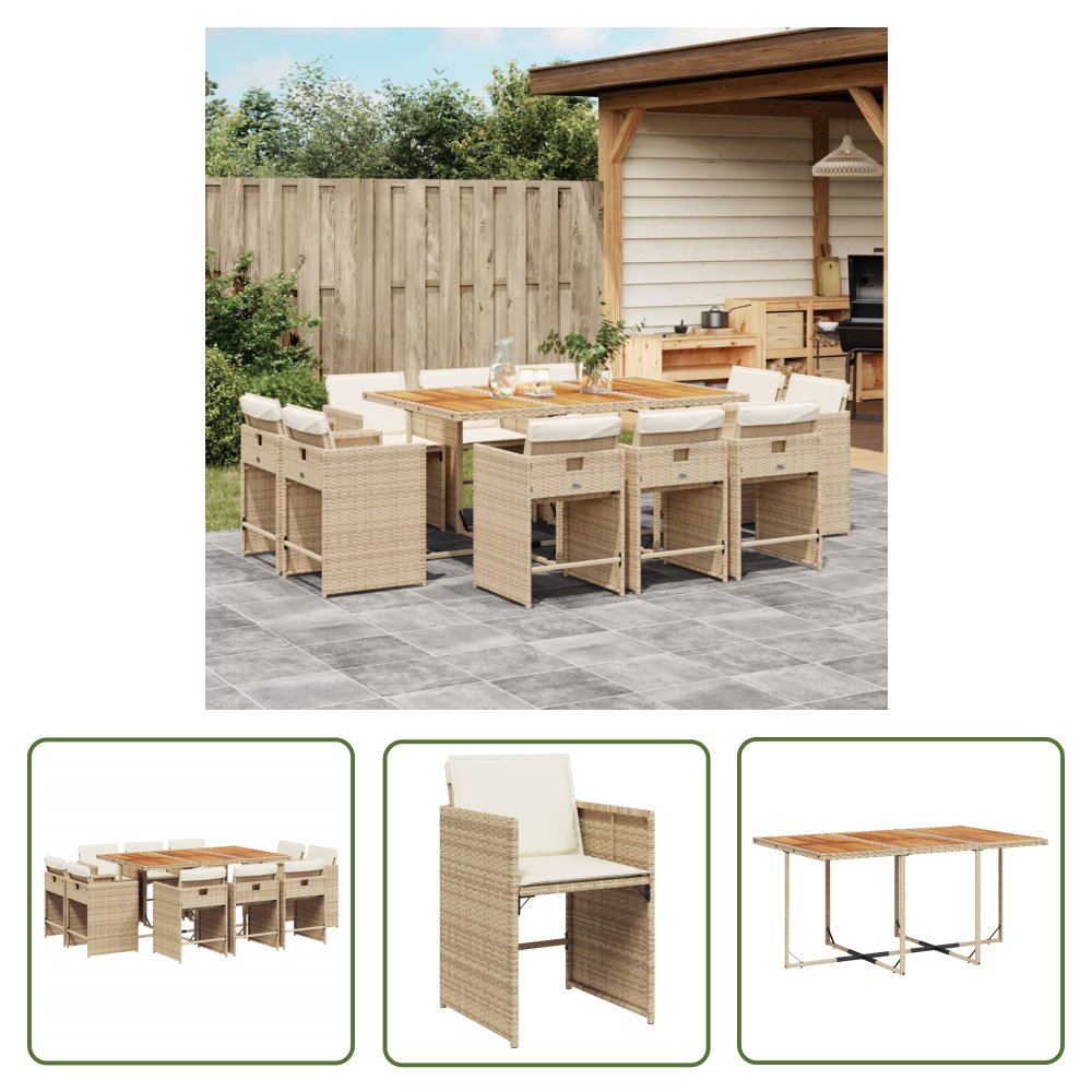 The Living Store 11-cz. zestaw mebli ogrodowych z poduszkami - beżowy - polirattan - Meble Ogrodowe