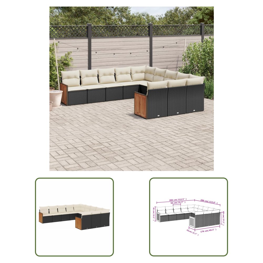 The Living Store 11-cz. zestaw wypoczynkowy do ogrodu - poduszki czarny rattan PE - Sofa Ogrodowa