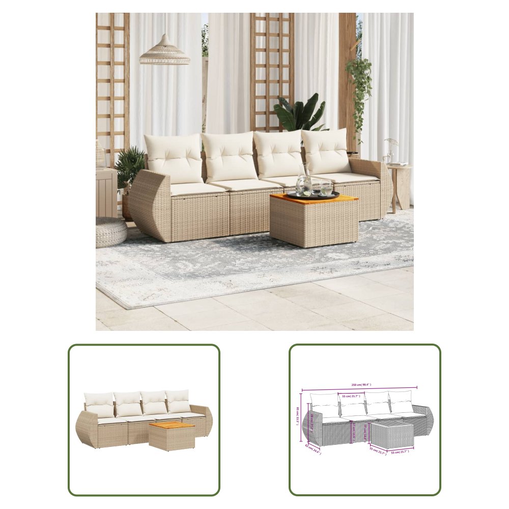 The Living Store 5-cz. zestaw mebli ogrodowych z poduszkami - beżowy - polirattan - Sofa Ogrodowa