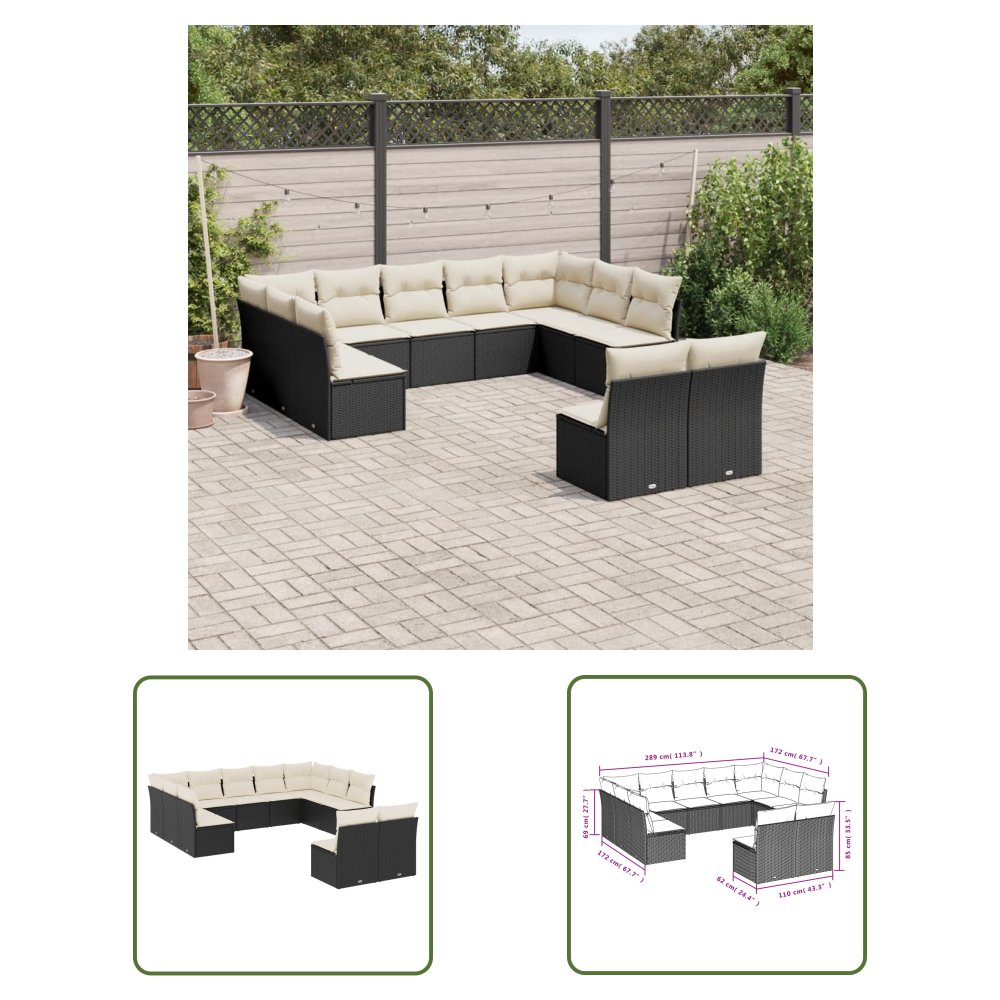 The Living Store 11-cz. zestaw wypoczynkowy do ogrodu - poduszki czarny rattan PE - Sofa Ogrodowa