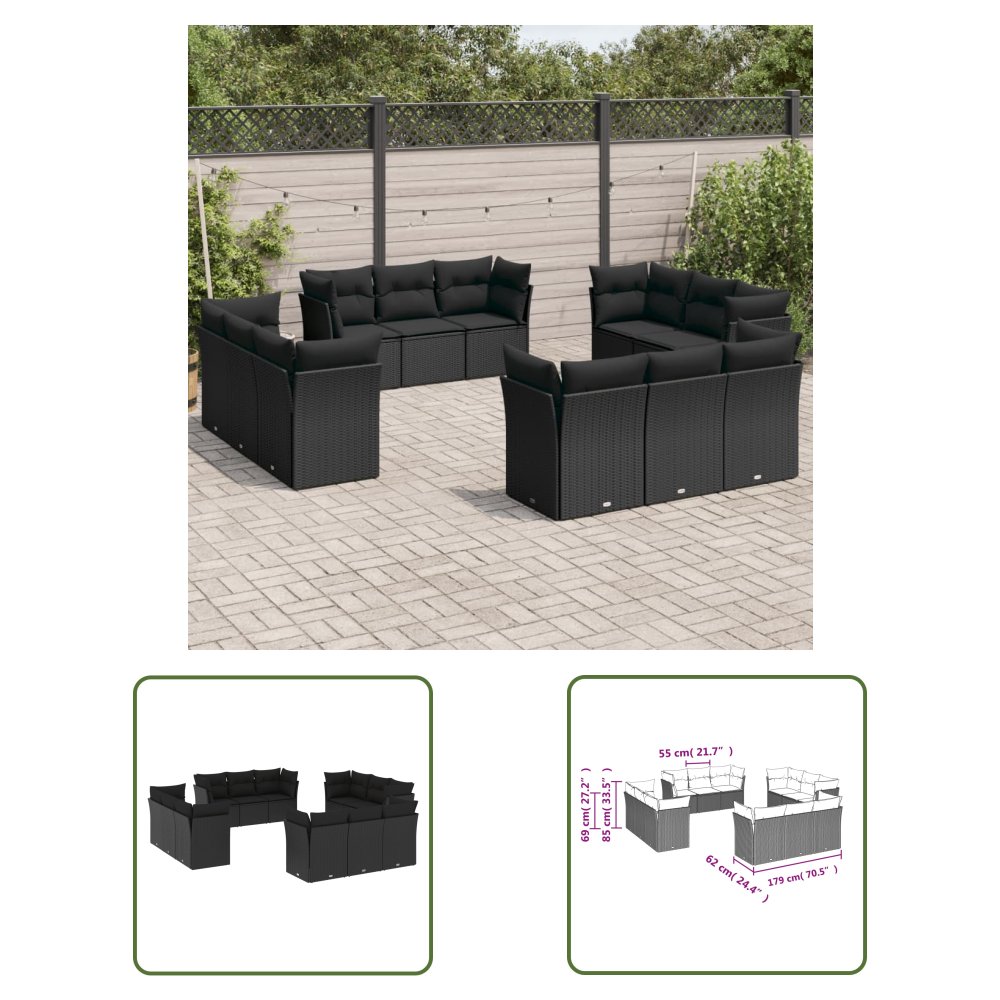 The Living Store 12-cz. zestaw mebli do ogrodu - z poduszkami - czarny - polirattan - Sofa Ogrodowa
