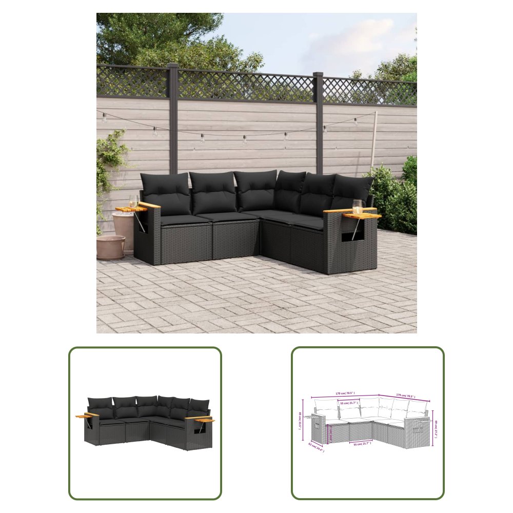 The Living Store 5-cz. zestaw wypoczynkowy do ogrodu - poduszki - czarny rattan PE - Sofa Ogrodowa