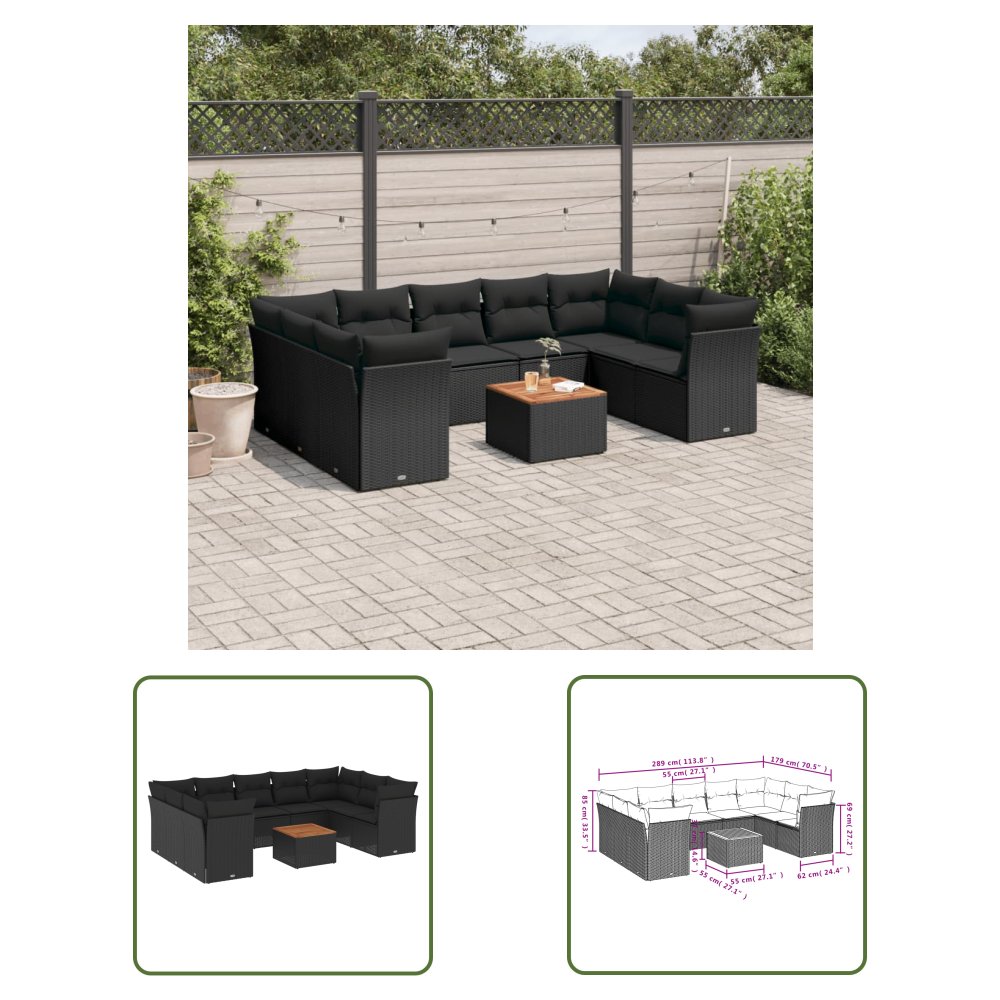 The Living Store 10-cz. zestaw wypoczynkowy do ogrodu - poduszki czarny rattan PE - Sofa Ogrodowa