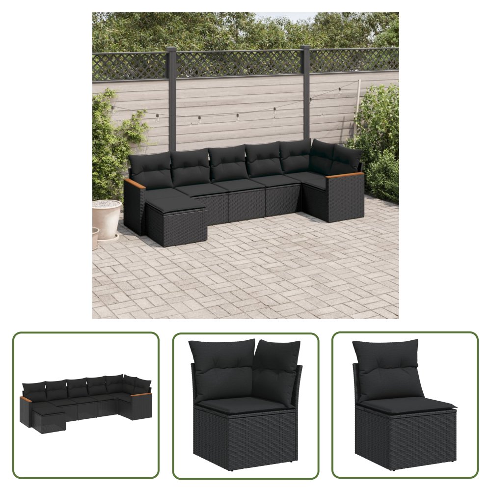The Living Store 7-cz. zestaw wypoczynkowy do ogrodu - z poduszkami - czarny - Sofa Ogrodowa