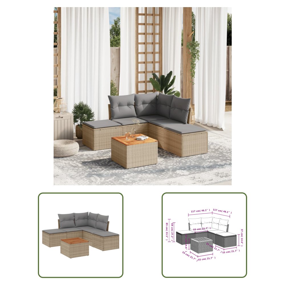 The Living Store 6-cz. zestaw mebli ogrodowych z poduszkami - beżowy - polirattan - Sofa Ogrodowa