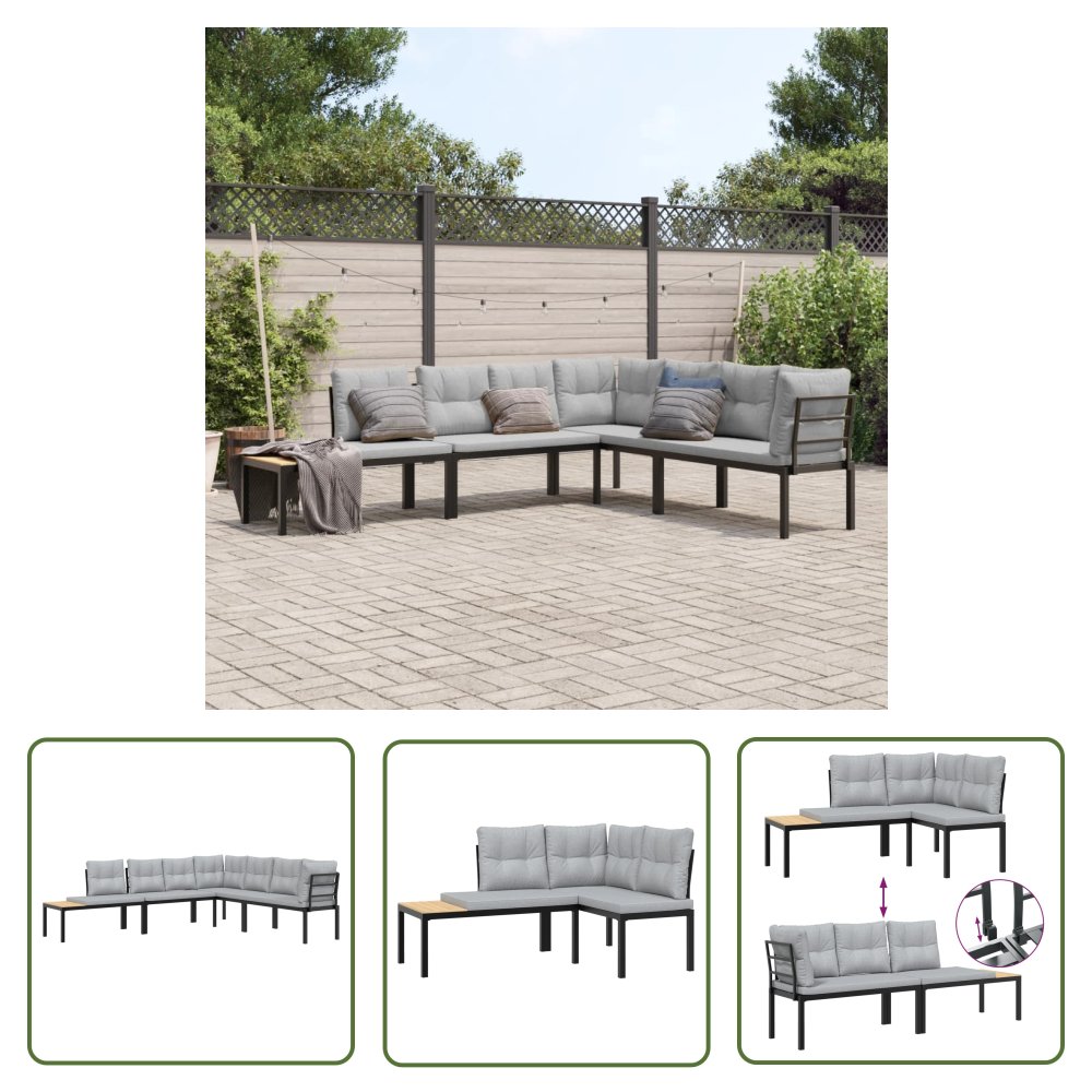 The Living Store Zestaw ławek ogrodowych z poduszkami - 4 szt. - malowana stal - Zestaw Ławek