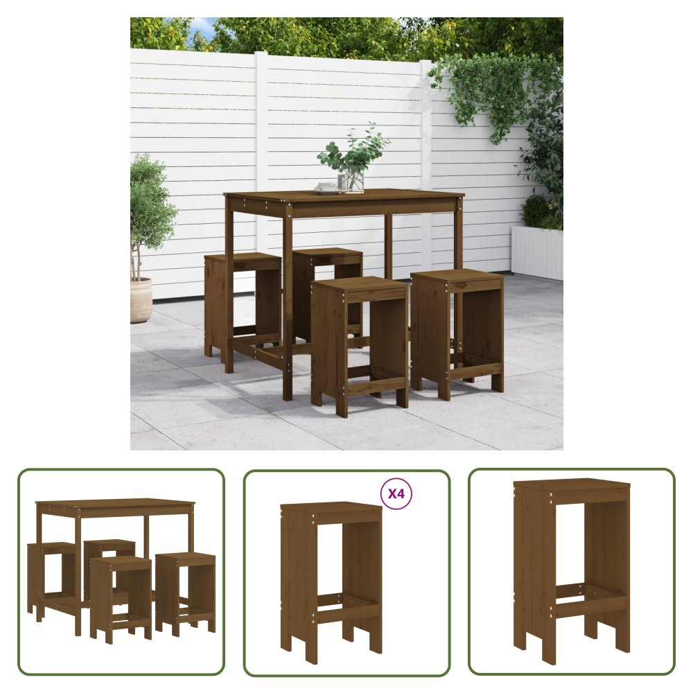 The Living Store 5-cz. zestaw mebli barowych do ogrodu - miodowy brąz - sosnowy - Meble Ogrodowe